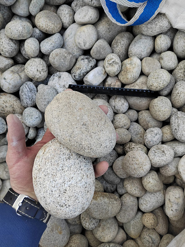 Kamenclub.ru: Галька речная окат (серо-белая) фр. 70-120 мм купить  в Истре галька галечник бело-серая, серо-белая, серая, белая речная природная галька  8000 руб/т   фото КАМЕНЬ КЛУБ