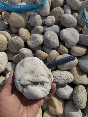 Kamenclub.ru: Галька речная окат (серо-белая) фр. 70-120 мм купить  в Истре галька галечник бело-серая, серо-белая, серая, белая речная природная галька  8000 руб/т   фото КАМЕНЬ КЛУБ