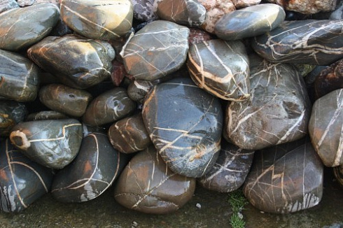 Kamenclub.ru: Валунчик Паутинник фр.100-300 мм  купить в Истре крупный природный камень галечник темно-серый с прожилками белый черный речной валунчик 5000 руб/т   фото КАМЕНЬ КЛУБ