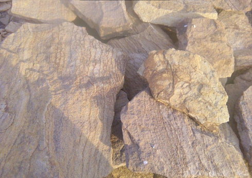 Kamenclub.ru: Песчаник пластушка "фонтанка" желтая (3,0 - 5,0 см)  купить в Истре песчаник желтая, рыжий, желтый песчаник колотый рваный со сколом облицовочный 16200 руб/м3   фото КАМЕНЬ КЛУБ